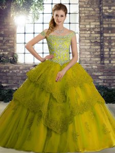 Lovely Olive Green 15th Birthday Dress Tulle Brush Train Sleeveless Beading and Lace