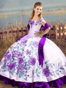 Off The Shoulder Sleeveless Satin Quinceanera Gowns Embroidery and Ruffles Lace Up