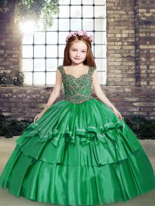 Simple Straps Sleeveless Taffeta Pageant Gowns For Girls Beading Lace Up