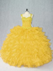 Gold Organza Lace Up Straps Sleeveless Floor Length Sweet 16 Dresses Beading and Ruffles