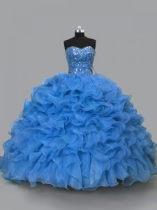 Blue Organza Lace Up Quince Ball Gowns Sleeveless Floor Length Beading and Ruffles