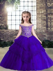 Luxurious Purple Tulle Lace Up Child Pageant Dress Sleeveless Floor Length Beading and Lace and Appliques