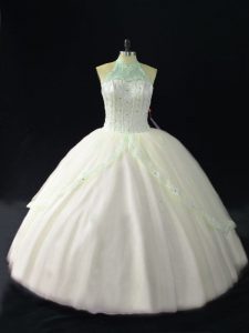 Traditional Sleeveless Floor Length Beading Lace Up Quinceanera Gown with White