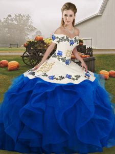 Nice Floor Length Royal Blue 15th Birthday Dress Tulle Sleeveless Embroidery and Ruffles
