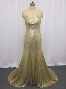 Sleeveless Sequins Criss Cross Evening Dress with Champagne Brush Train