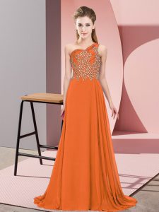 Clearance Floor Length Orange Prom Evening Gown Chiffon Sleeveless Beading