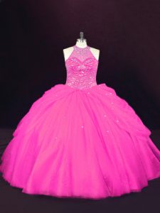 Simple Floor Length Lace Up Ball Gown Prom Dress Hot Pink for Sweet 16 and Quinceanera with Beading