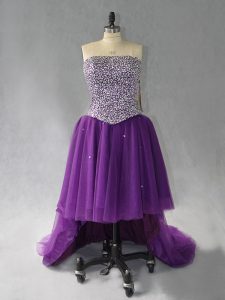 Purple Prom and Party with Beading Strapless Sleeveless Lace Up