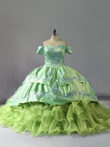 Inexpensive Yellow Green Organza Lace Up Quinceanera Gown Sleeveless Chapel Train Embroidery and Ruffles