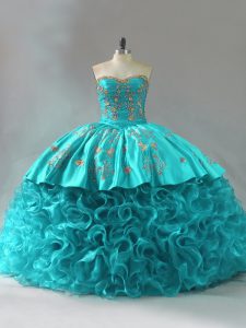 Shining Sleeveless Embroidery and Ruffles Lace Up Sweet 16 Dresses with Aqua Blue Brush Train