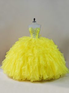 Best Yellow Ball Gowns Organza Sweetheart Sleeveless Beading and Ruffles Floor Length Lace Up Quinceanera Gowns