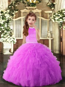 Perfect Ball Gowns Little Girl Pageant Gowns Lilac Halter Top Tulle Sleeveless Floor Length Backless