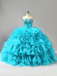 Sweetheart Sleeveless Organza Quince Ball Gowns Ruffles and Sequins Lace Up