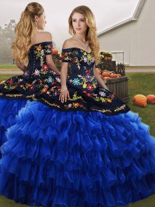 Exquisite Blue And Black Ball Gowns Organza Off The Shoulder Sleeveless Embroidery and Ruffled Layers Floor Length Lace 