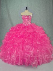 Custom Design Hot Pink Ball Gowns Strapless Sleeveless Organza Floor Length Lace Up Beading and Ruffles Quinceanera Dres