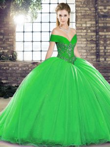 Green Sleeveless Organza Brush Train Lace Up Quince Ball Gowns for Military Ball and Sweet 16 and Quinceanera