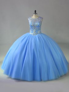 Modern Blue Sleeveless Floor Length Beading Lace Up Ball Gown Prom Dress