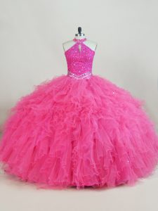 Designer Floor Length Ball Gowns Sleeveless Hot Pink Quinceanera Dresses Lace Up