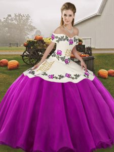 Eye-catching White And Purple Lace Up Off The Shoulder Embroidery Sweet 16 Dresses Organza Sleeveless