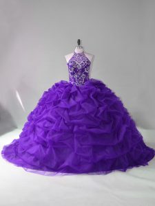 Purple Sleeveless Beading and Pick Ups Lace Up Quinceanera Gowns