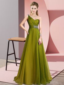 Olive Green Prom Party Dress Chiffon Brush Train Sleeveless Beading