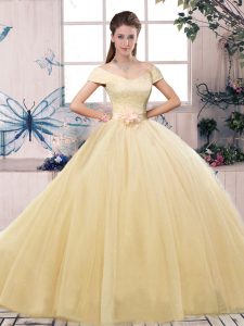 Customized Champagne Tulle Lace Up Off The Shoulder Short Sleeves Floor Length Sweet 16 Dress Lace and Hand Made Flower
