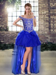 Low Price Royal Blue Tulle Lace Up Off The Shoulder Sleeveless High Low Prom Dress Beading and Ruffles
