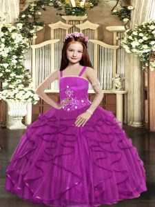 Floor Length Lace Up Girls Pageant Dresses Fuchsia for Party and Sweet 16 and Wedding Party with Beading and Ruffles