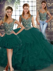 Peacock Green Lace Up Quince Ball Gowns Beading and Ruffles Sleeveless Floor Length