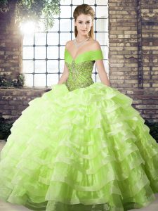 Yellow Green Quinceanera Dress Military Ball and Sweet 16 and Quinceanera with Beading and Ruffled Layers Off The Should
