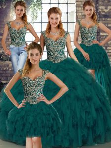 Straps Sleeveless Ball Gown Prom Dress Floor Length Beading and Ruffles Peacock Green Organza