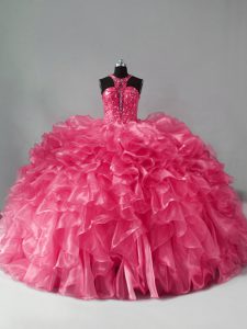 Amazing Hot Pink Ball Gowns Beading and Ruffles Sweet 16 Dresses Zipper Organza Sleeveless