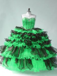 Sleeveless Organza Floor Length Lace Up Vestidos de Quinceanera in Green with Beading and Ruffled Layers