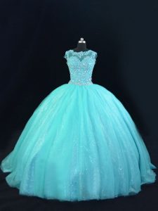 Sleeveless Tulle Floor Length Lace Up 15th Birthday Dress in Aqua Blue with Beading and Lace