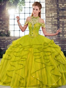 Floor Length Lace Up Quinceanera Dress Olive Green for Military Ball and Sweet 16 and Quinceanera with Beading and Ruffl