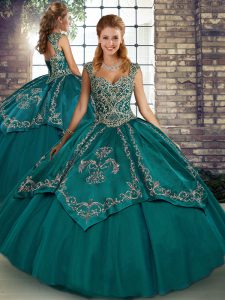 Trendy Ball Gowns Quinceanera Dress Teal Straps Tulle Sleeveless Floor Length Lace Up