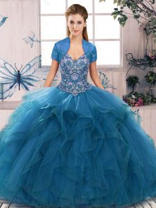 Fine Blue Tulle Lace Up Off The Shoulder Sleeveless Floor Length Vestidos de Quinceanera Beading and Ruffles