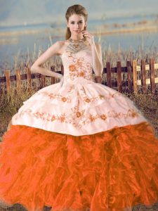 Orange and Rust Red Halter Top Lace Up Embroidery Quinceanera Gown Court Train Sleeveless