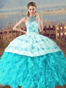 Customized Aqua Blue Quinceanera Dresses Organza Court Train Sleeveless Embroidery and Ruffles