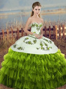 Sleeveless Organza Floor Length Lace Up 15th Birthday Dress in Olive Green with Embroidery and Ruffled Layers and Bowkno