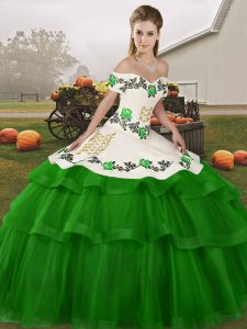 Noble Green Lace Up 15th Birthday Dress Embroidery and Ruffled Layers Sleeveless Brush Train
