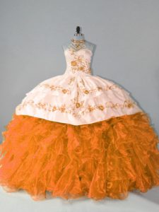 Court Train Ball Gowns Quinceanera Gown Orange Halter Top Organza Sleeveless Floor Length Lace Up