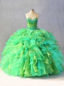 Customized Sweetheart Sleeveless Organza Ball Gown Prom Dress Beading and Ruffles Lace Up