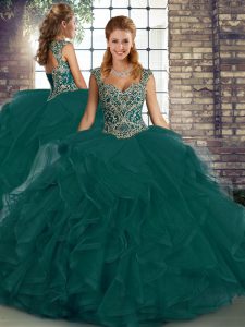 Floor Length Peacock Green Quinceanera Dress Tulle Sleeveless Beading and Ruffles