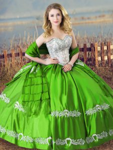 Best Selling Sleeveless Satin Floor Length Lace Up Sweet 16 Dress in Green with Beading and Embroidery