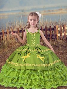 Olive Green Straps Neckline Beading and Embroidery and Ruffled Layers Child Pageant Dress Sleeveless Lace Up