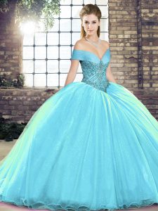 Dynamic Aqua Blue Ball Gown Prom Dress Off The Shoulder Sleeveless Brush Train Lace Up