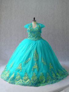 Fine Aqua Blue Ball Gowns Sweetheart Sleeveless Tulle Lace Up Appliques 15 Quinceanera Dress