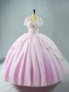 Lilac Tulle Lace Up 15th Birthday Dress Sleeveless Floor Length Beading