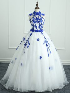 Glamorous Ball Gowns Quinceanera Dresses White High-neck Organza Sleeveless Floor Length Zipper